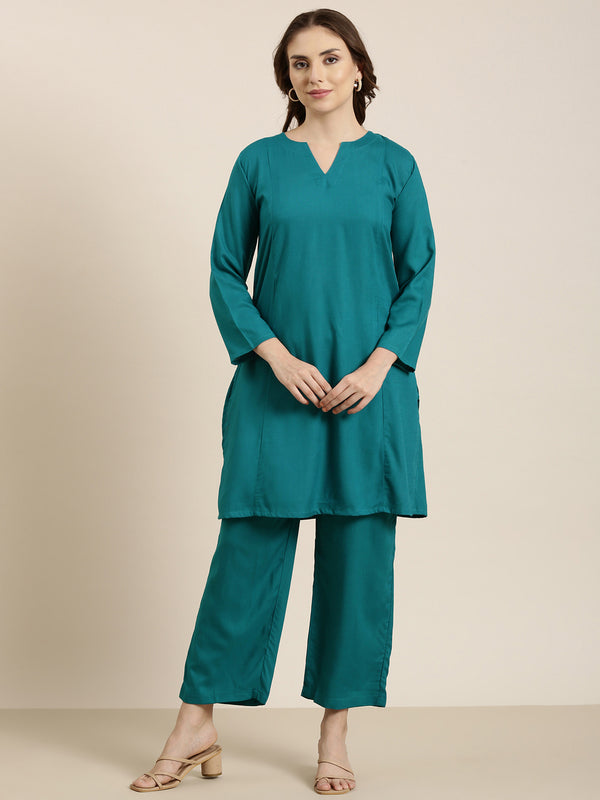 Peacock blue straight kurta co-ord set