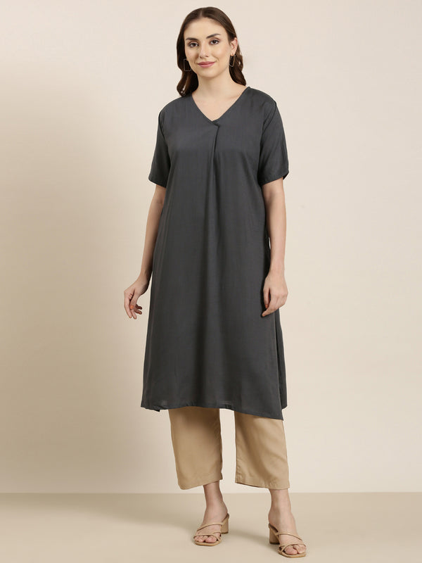 Charcoal half sleeve long kurta co-ord set