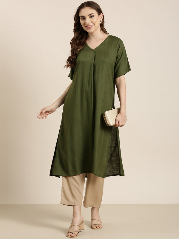 Olive half sleeve long kurta co-ord set