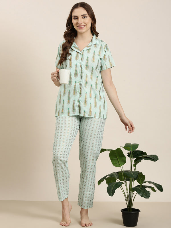 Button down pj set sea green gold