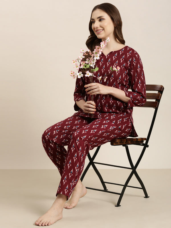 Notched neck maroon ikkat pj set