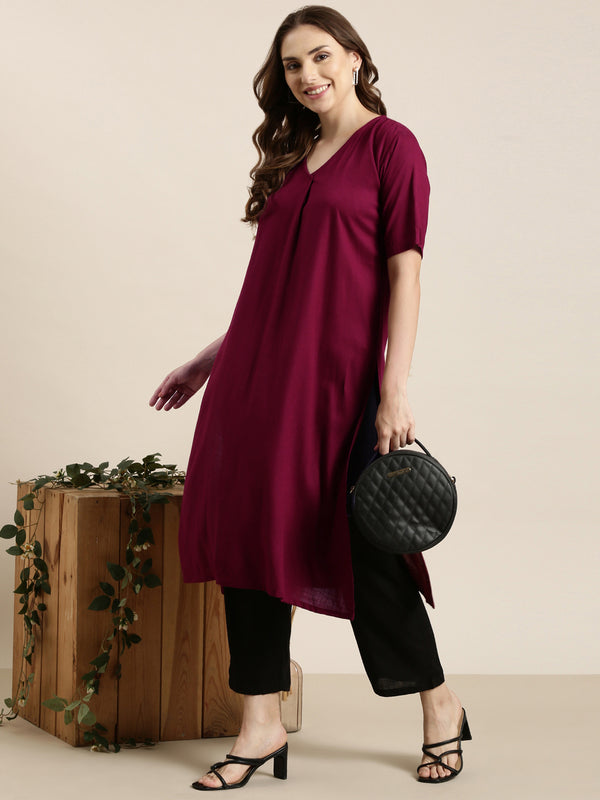 Wine half sleeve long kurta co-ord set