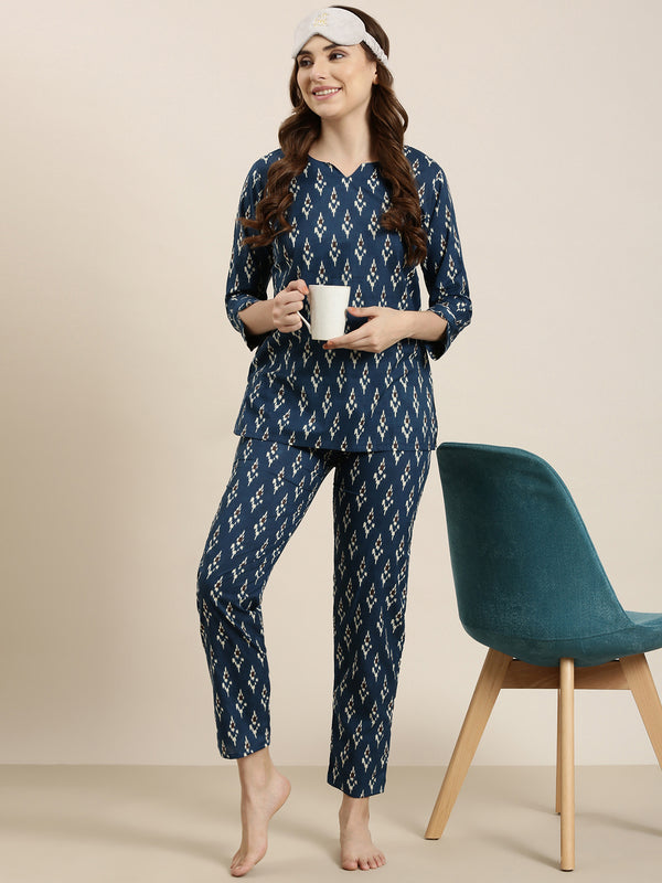 Notched neck blue ikkat pj set