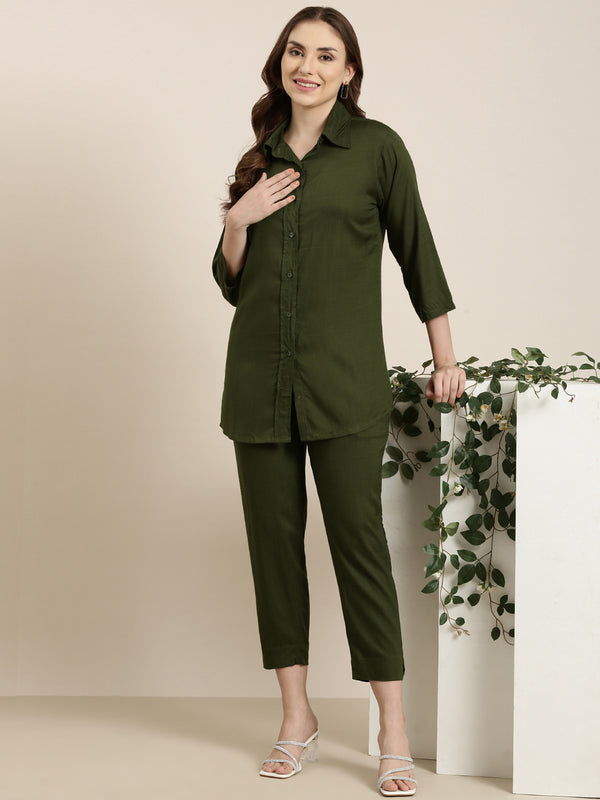 Olive  shirt style co-ord set