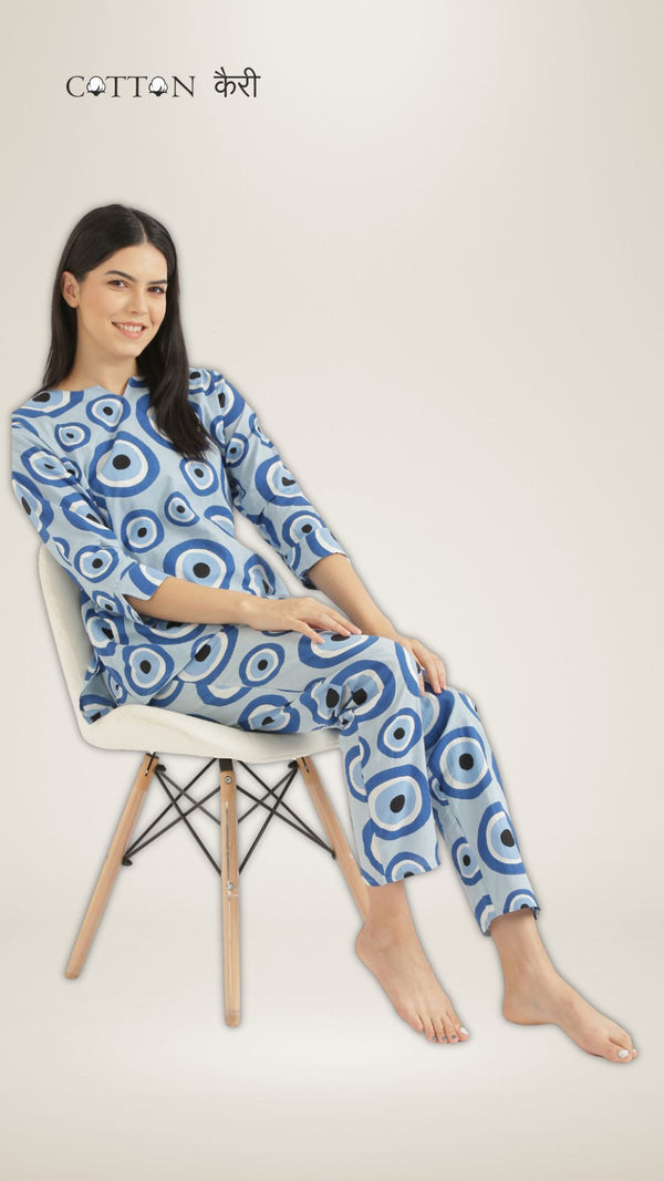 Notched Neck Blue Evil Eye PJ Set