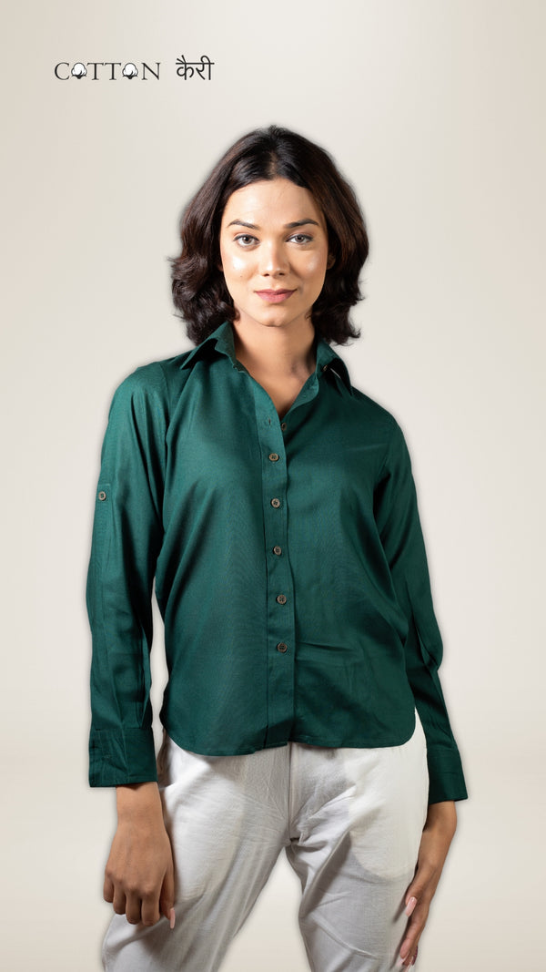 Women Liva Bottle Green Regular Fit Solid Casual Shirt