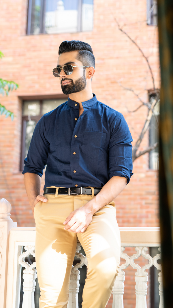 Navy Solid Cotton Linen Shirt