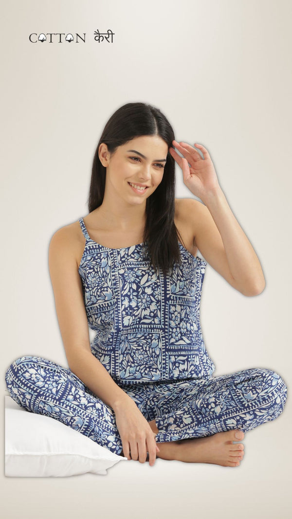 Sleeveless Indigo Flower PJ Set