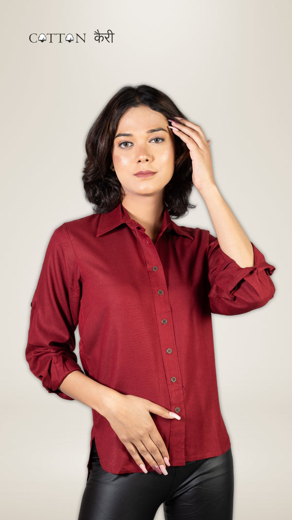 Women Liva Maroon Regular Fit Solid Casual Shirt