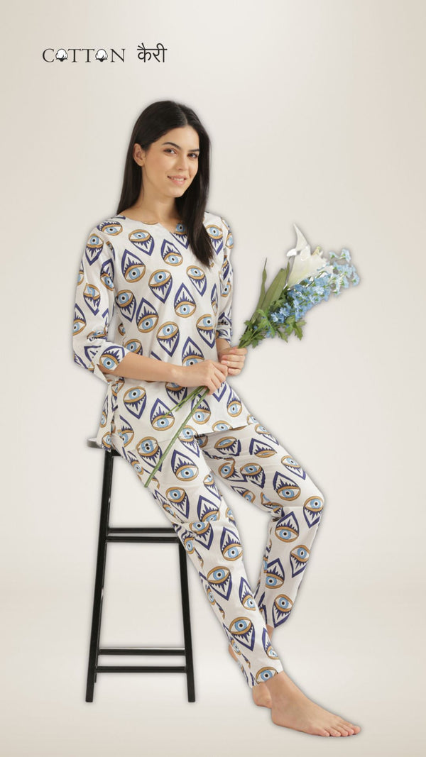 Notched Neck White Evil Eye PJ Set