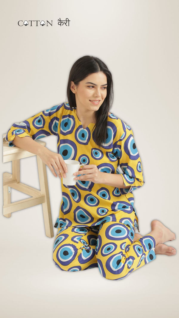 Notched Neck Yellow Evil Eye PJ Set