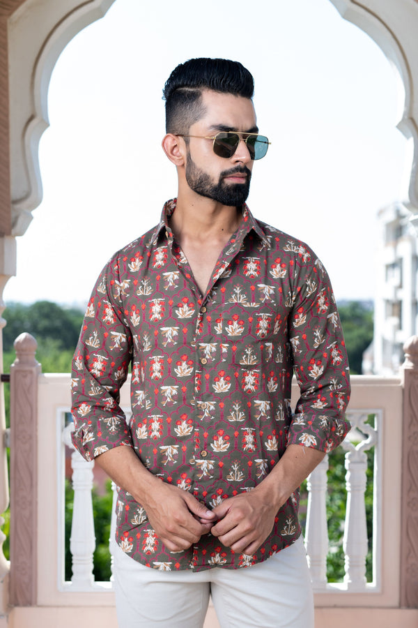 Moss Green Floral Print Casual Shirt