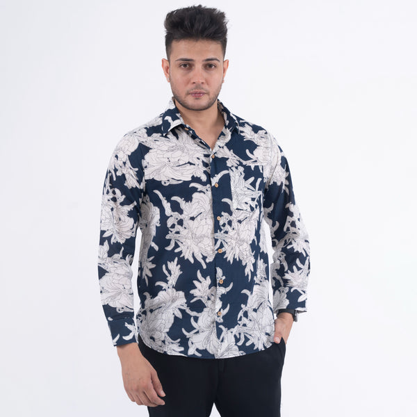 Navy Blue Beach Flower Casual Shirt